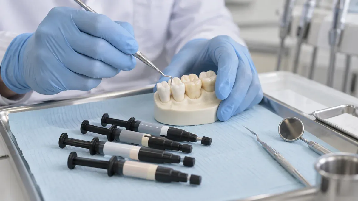 Bir diş hekiminin tedavi masasındaki kompozit materyal şırıngaları ve diş modeli üzerinde farklı dolgu yüzeylerini karşılaştırdığı yakın plan klinik sahne.