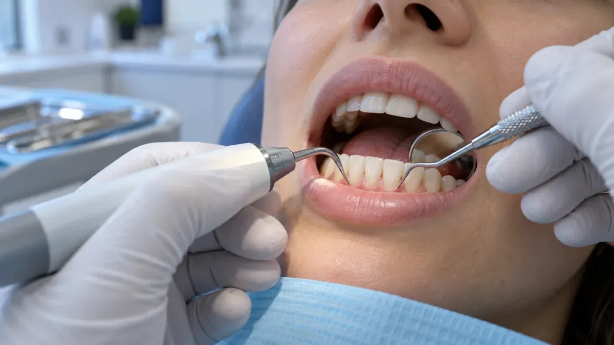 Temizlik sonrası diş eti kenarları kontrol edilen hastanın dişleri yanında ultrasonik cihaz ucu ve el scalerlarının görüldüğü sade klinik yakın plan