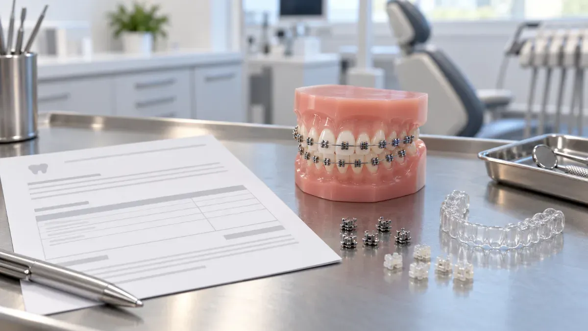 Bir masa üzerinde ortodontik tedavi teklif formu yanında diş modeli metal braket seramik braket ve şeffaf plak örneklerinin karşılaştırıldığı sade bir klinik sahne.