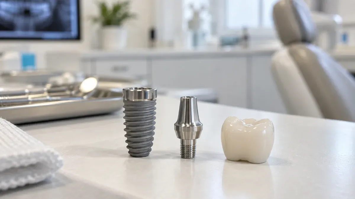 Bir diş kliniği masasında implant gövdesi bağlantı parçası ve seramik kuronun ayrı ayrı dizildiği yakın plan sahne