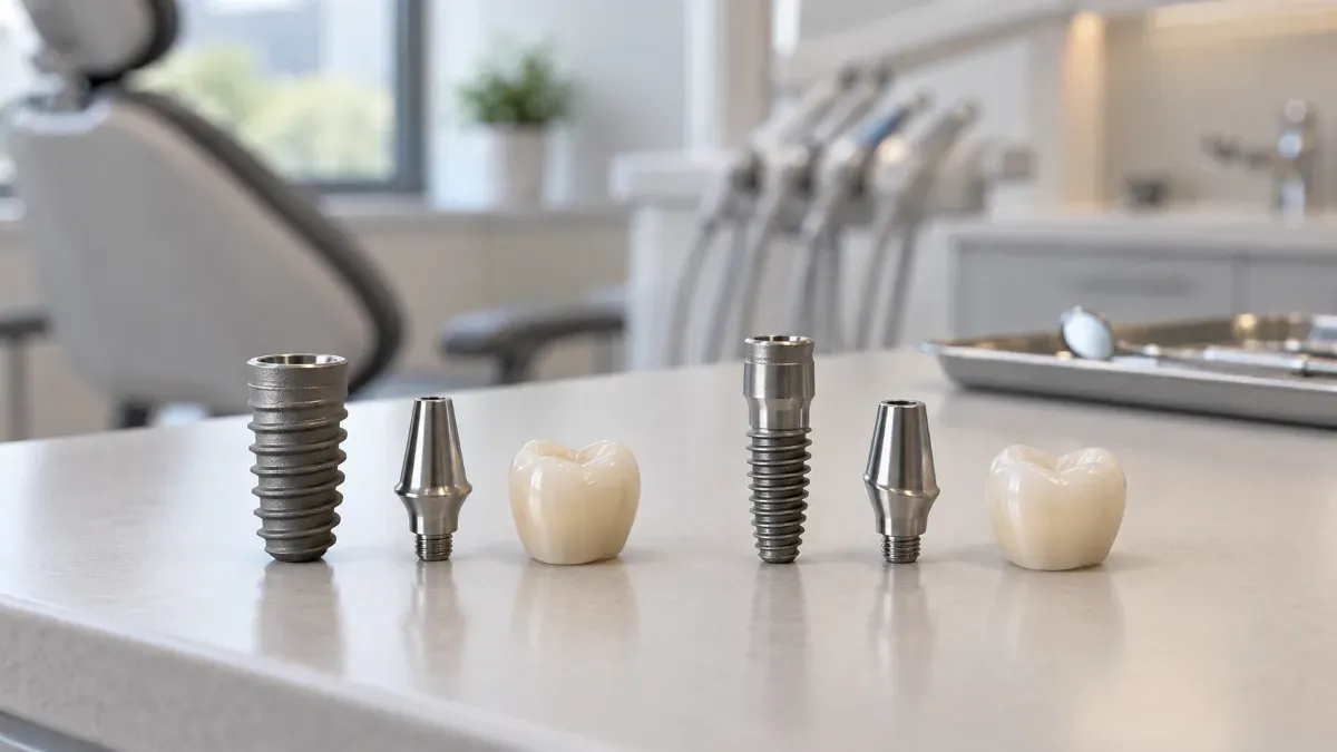 İki farklı implant sistemi için implant gövdesi abutment ve kuron parçalarının yan yana karşılaştırıldığı sade masa üstü sahnesi