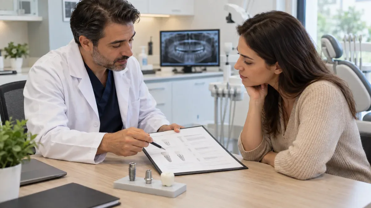 Bir hasta ile diş hekiminin masa üzerinde kalemlere ayrılmış tedavi planı ve implant parçalarını birlikte incelediği doğal klinik görüşme sahnesi