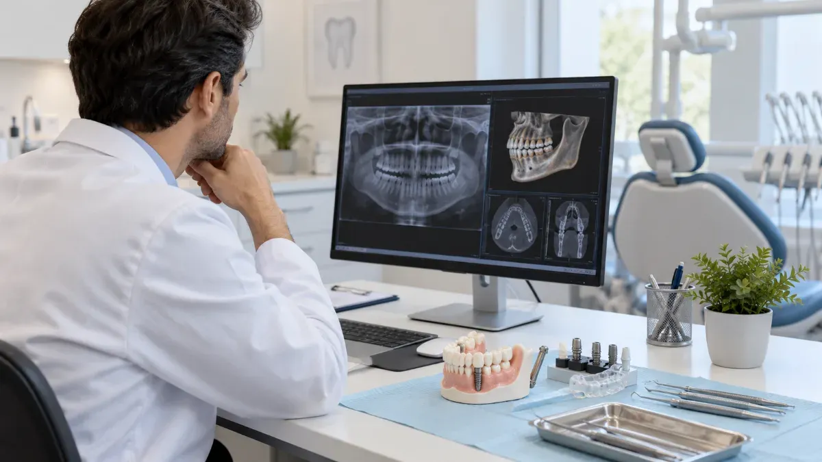 Diş hekiminin çene görüntülerini ekranda incelerken masa üzerinde çene modeli ve implant planlama araçlarının bulunduğu sade klinik sahnesi