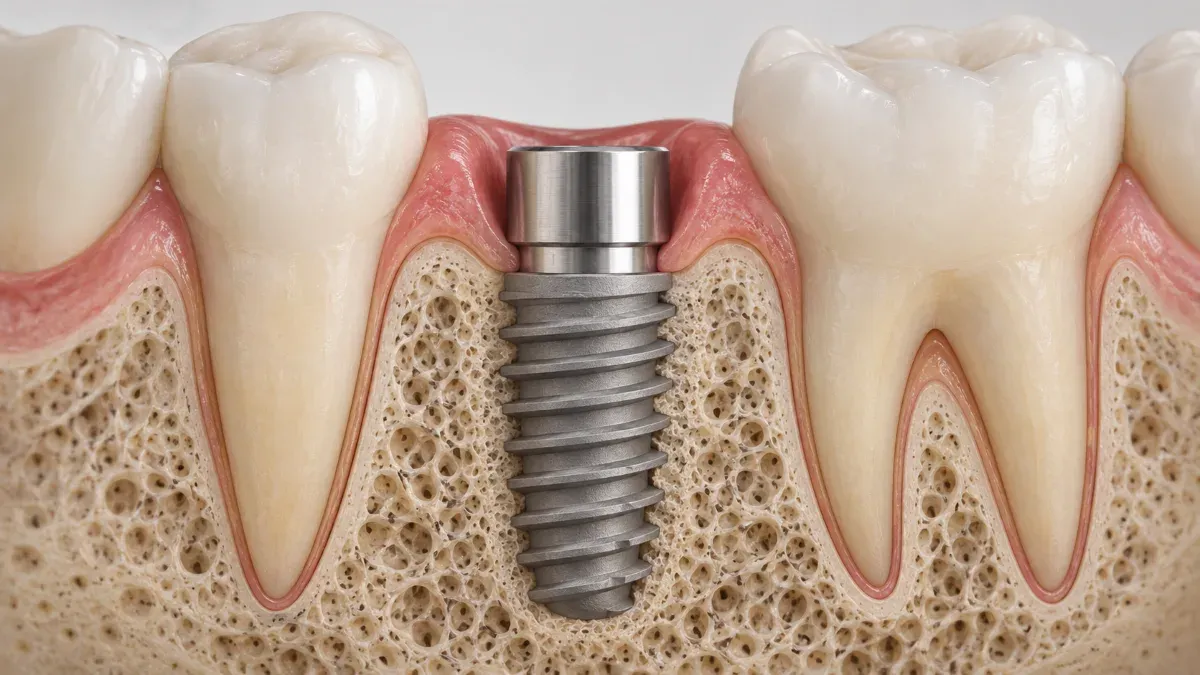 Çene kemiği kesitinde yerleştirilmiş implantın çevresinde iyileşen kemik dokusunu gösteren gerçekçi ve sade tıbbi illüstrasyon