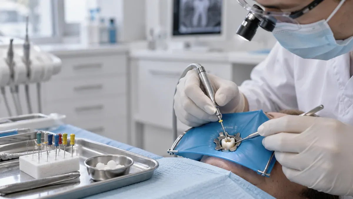 Endodontik tedavi sırasında izole edilmiş bir azı dişi üzerinde çalışan diş hekimi ile yanında kanal eğeleri ve geçici dolgu malzemelerinin bulunduğu klinik sahne