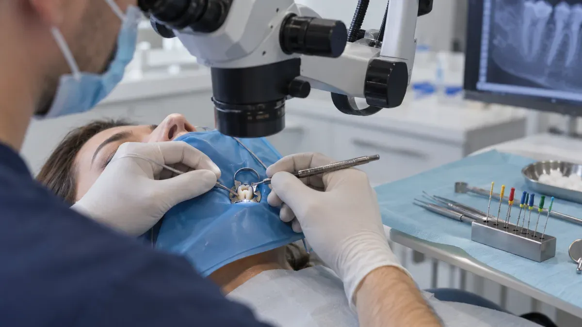Diş hekimi koltuğunda izole edilmiş tek bir diş üzerinde çalışan hekimin yanında endodontik el aletleri ve dental mikroskobun görüldüğü yakın plan klinik sahne