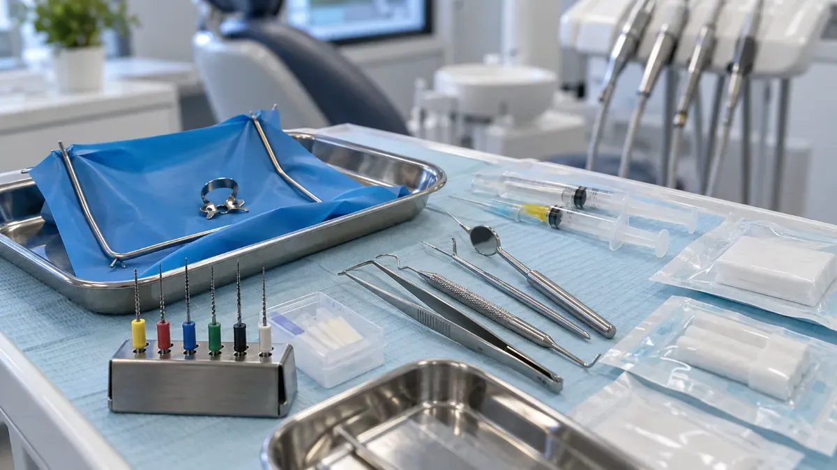 Tedavi tezgahında lastik örtü aparatı, ince endodontik el aletleri, irrigasyon için hazırlanmış enjektörler ve kapalı steril malzemelerin düzenli biçimde yer aldığı klinik masa üstü sahnesi