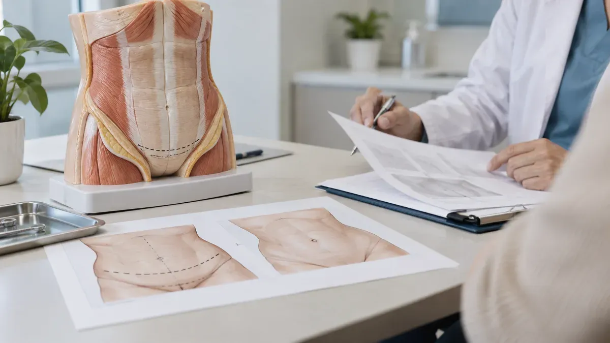 Plastik cerrahi muayene odasında karın anatomisi modeli yanında ameliyat planı ve sade tıbbi evrakların incelendiği yakın plan masa sahnesi