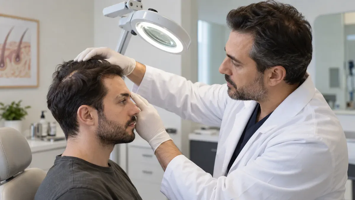 Dermatoloji ve saç restorasyonu muayenesinde büyüteçli ışık altında kaş bölgesi ile saçlı donör alanı birlikte inceleyen hekimin yandan görünümü