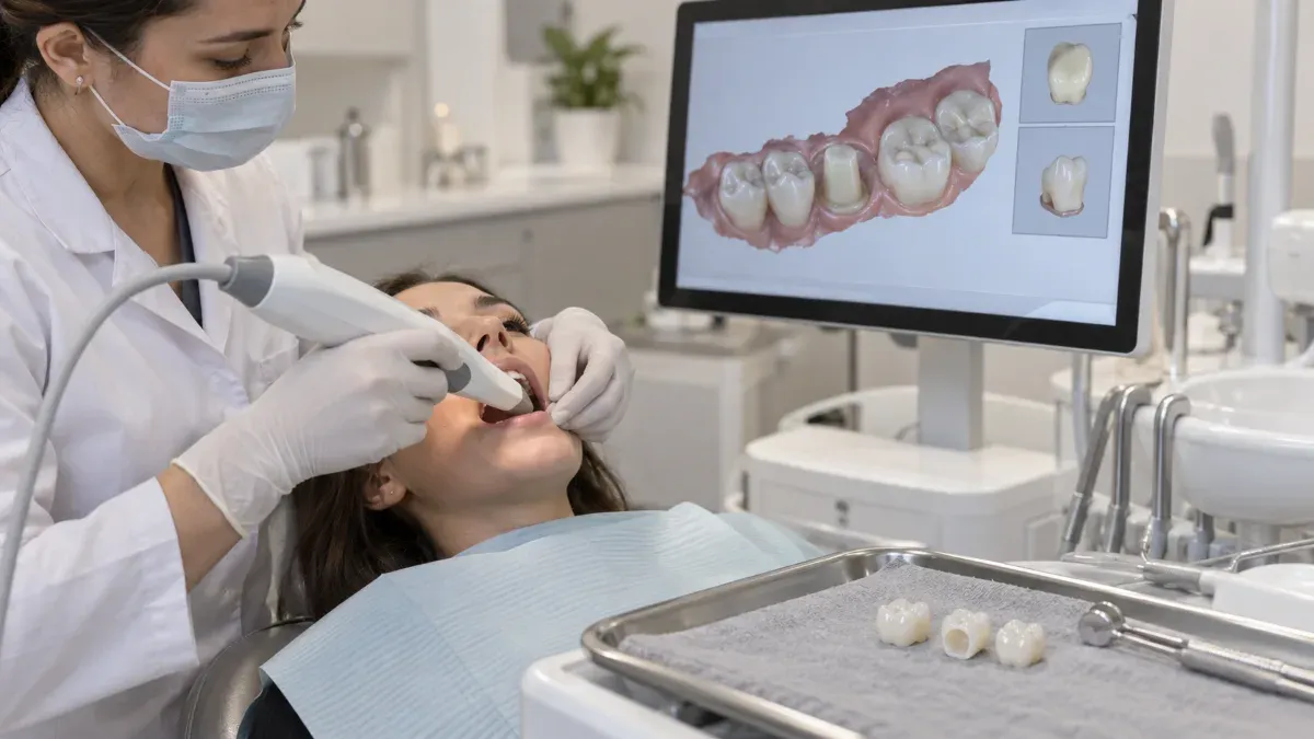 Diş hekimi ağız içi tarayıcıyla hazırlanmış bir dişi tararken ekranda üç boyutlu diş modeli ve masada sade zirkonya kron örneklerinin bulunduğu klinik sahne