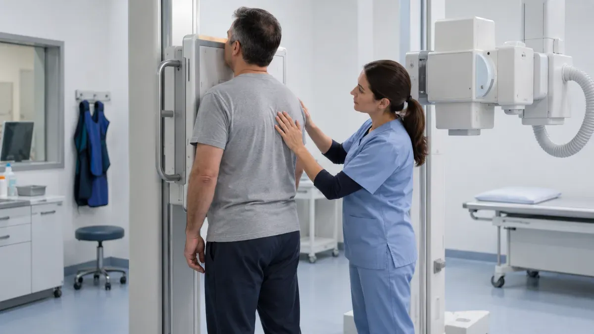 Röntgen odasında ayakta duran bir hastanın göğsünü dikey görüntüleme plakasına yaklaştırdığı ve teknikerin cihaz konumunu kontrol ettiği sade klinik sahne