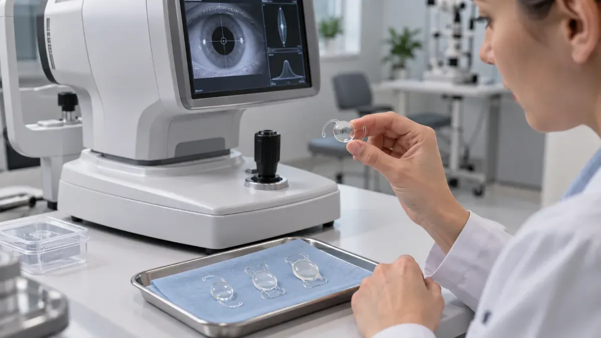 Göz hastalıkları kliniğinde biyometri cihazının yanında monofokal trifokal ve EDOF göz içi merceklerini temsilen saydam mercek örneklerinin incelendiği yakın plan sahne