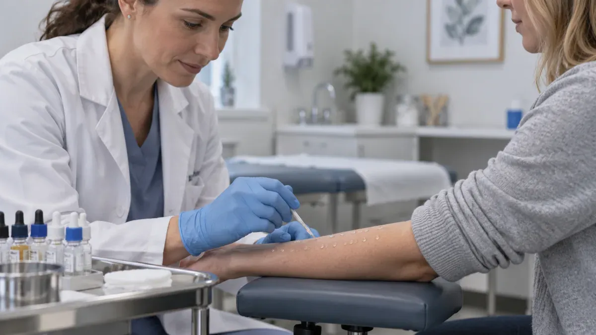 Alerji polikliniğinde hastanın ön koluna küçük alerjen damlaları uygulanırken sağlık çalışanının deri prik testi hazırladığı sade ve gerçekçi klinik sahne