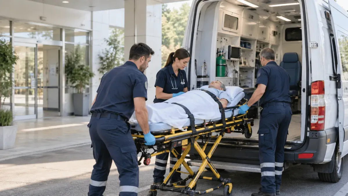 Hastanın sedye ile ambulansa taşınmasını hazırlayan sağlık görevlilerinin bulunduğu sakin bir sağlık hizmeti ortamı