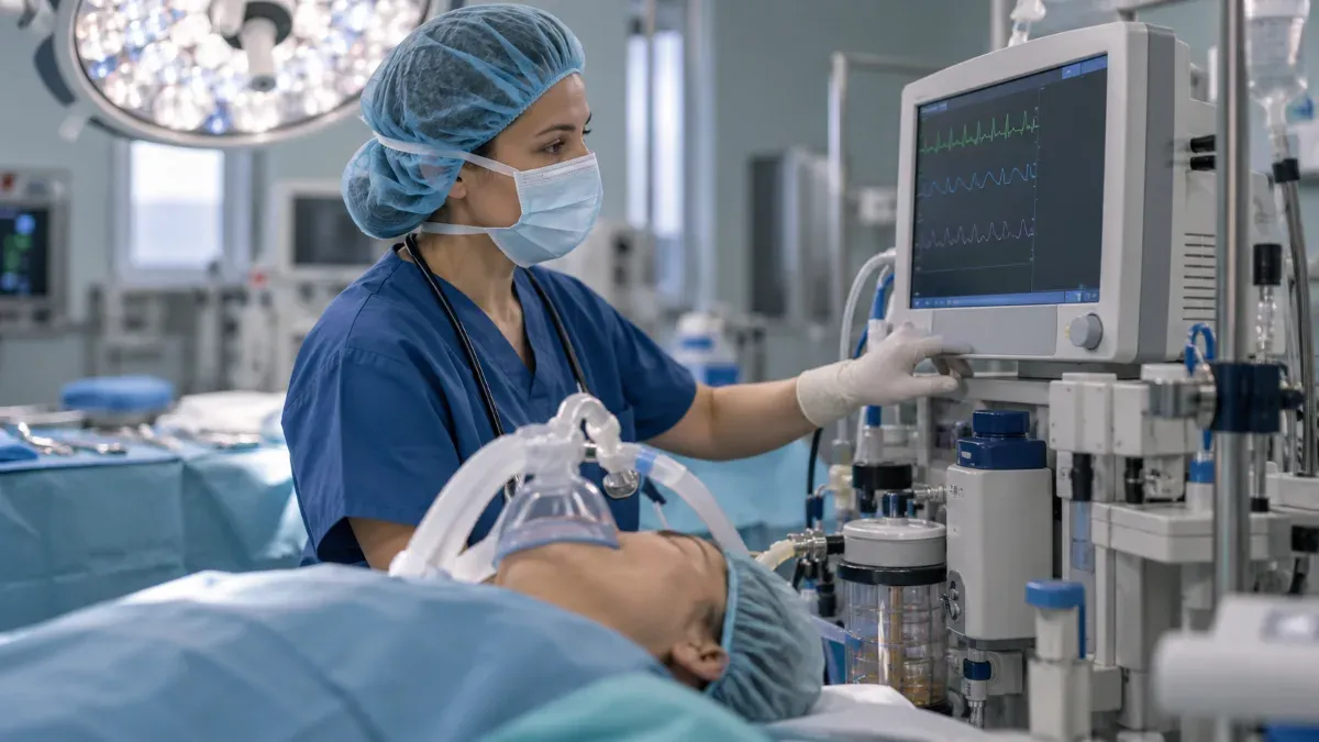 Ameliyathane ortamında anestezi uzmanının hasta başında monitörde yaşamsal bulguları izlediği sade ve gerçekçi klinik sahne