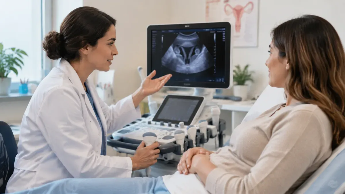 Klinik ortamında ultrason takibi yapılan bir üreme sağlığı değerlendirmesi sırasında doktor ve hasta görüşmesini gösteren sade bir sahne