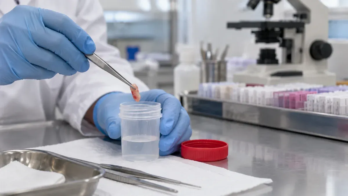 Biyopsi iğnesiyle alınmış küçük doku örneğinin kapaklı numune kabına yerleştirildiği ve arka planda patoloji hazırlık tezgahının bulunduğu sade klinik sahne