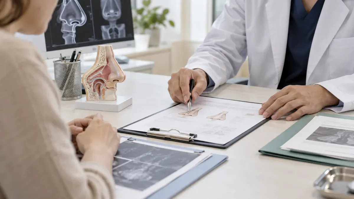 Ameliyat öncesi görüşme masasında burun anatomisi modeli yanında tetkik dosyası ve sade bir tedavi planının incelendiği yakın plan klinik sahne.