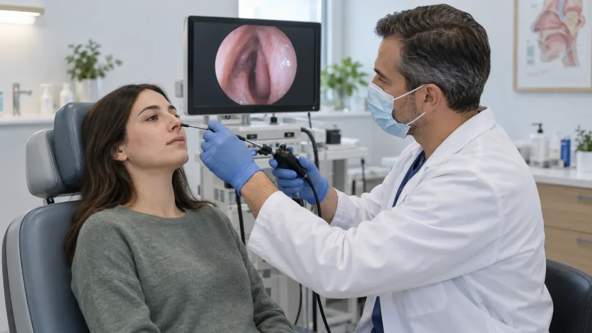 Bir KBB kliniğinde doktorun endoskopik muayene sırasında burun iç yapısını değerlendirdiği sakin ve doğal bir sağlık ortamı