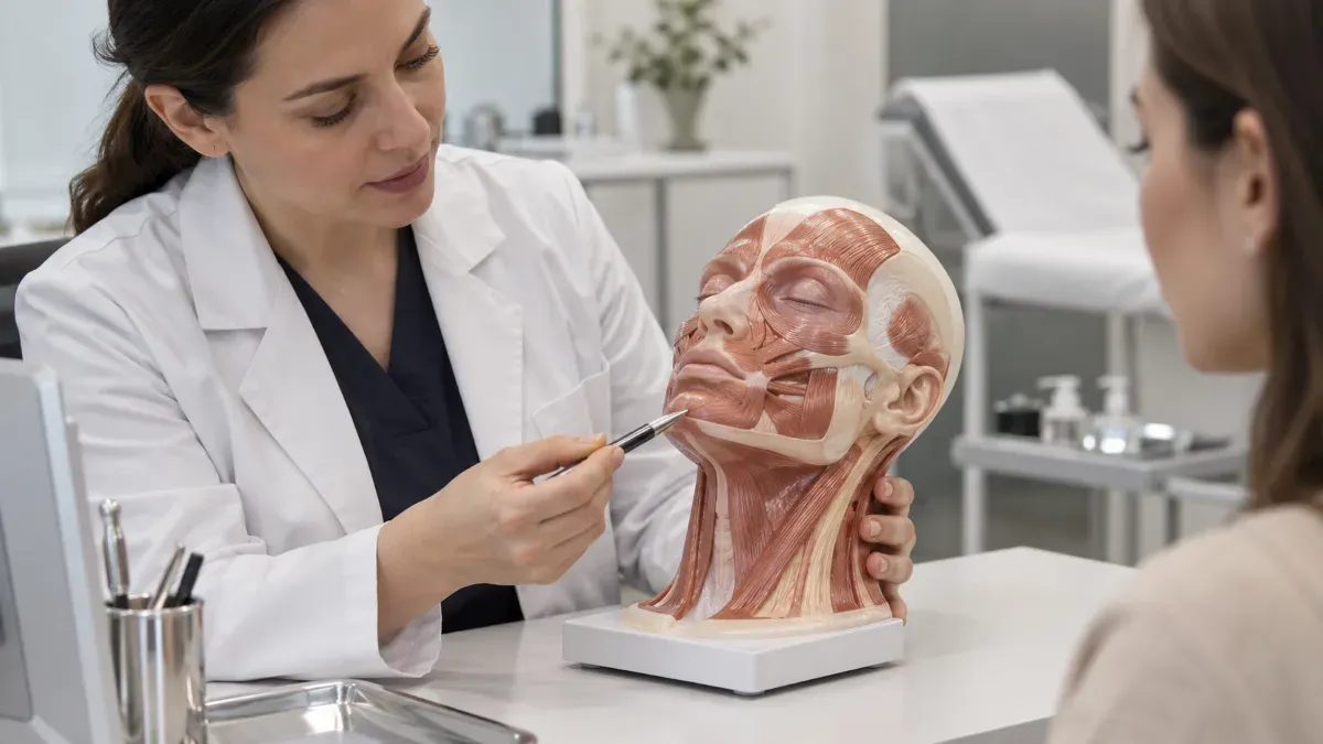 Klinik muayene odasında hekimin yüz anatomisi modeli üzerinde çene ucu ve alt çene hattındaki uygulama bölgelerini değerlendirdiği yakın plan sahne.