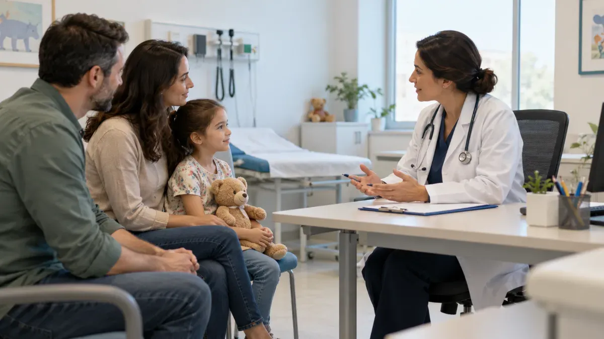 Çocuk hastanın ailesiyle birlikte bir sağlık kuruluşunda uzman doktor görüşmesine katıldığı aydınlık bir muayene ortamı