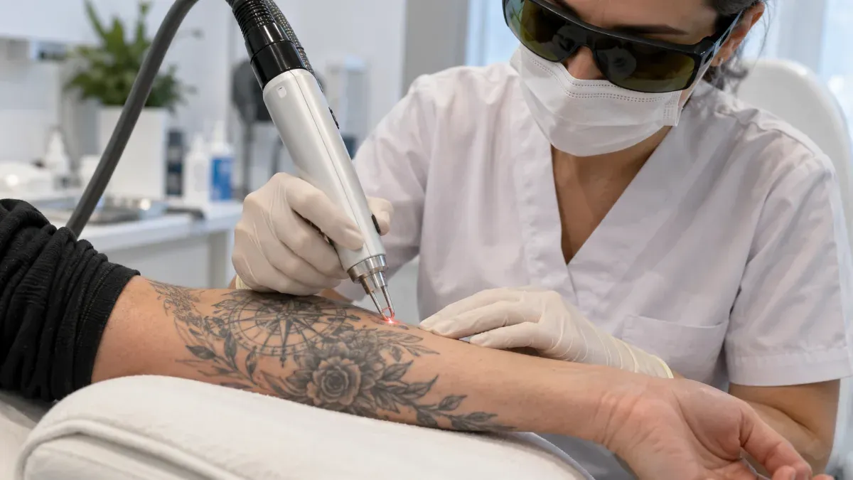 Dermatoloji kliniğinde lazer uygulama başlığı dövmeli bir ön kol üzerinde tutulurken koruyucu ekipmanlı sağlık çalışanının işlemi yakın planda yaptığı sade klinik sahne.