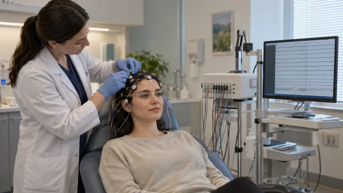 Klinik nörofizyoloji odasında koltukta oturan hastanın başına ölçüm yapılarak küçük EEG elektrotları yerleştiren sağlık çalışanı ve yanında kabloların bağlandığı kayıt cihazı
