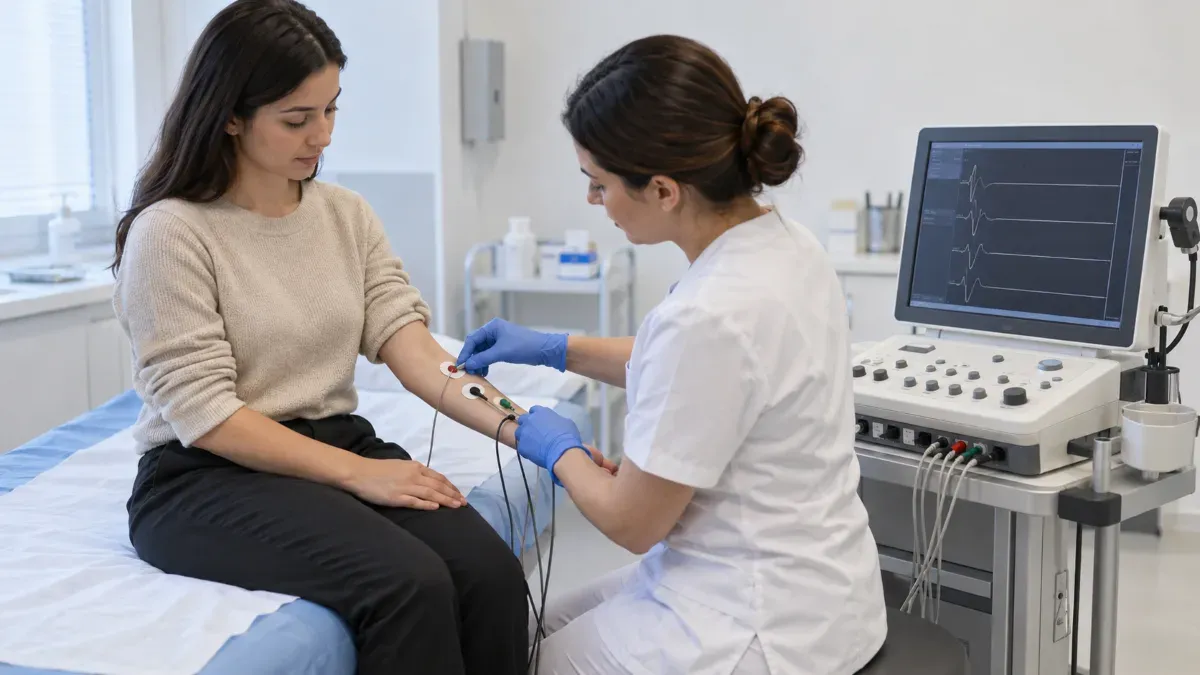 Muayene yatağında oturan hastanın koluna yüzey elektrotları yerleştiren sağlık çalışanını ve yanında elektrofizyoloji kayıt cihazını gösteren sade bir klinik oda
