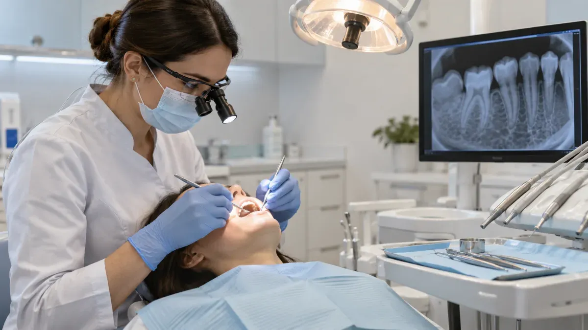 Endodonti kliniğinde diş hekiminin tedavi koltuğundaki hastanın azı dişini büyütmeli görüş altında değerlendirirken yanında dental röntgen ekranının bulunduğu sade klinik sahnesi