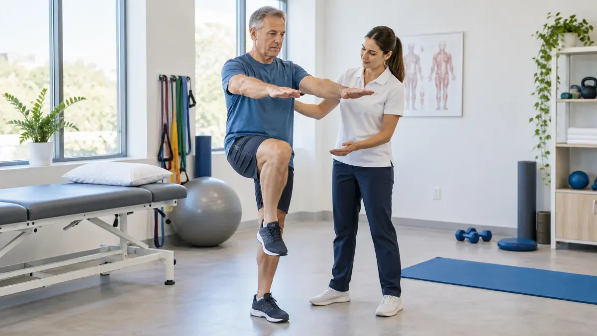 Aydınlık bir rehabilitasyon odasında fizyoterapistin bir kişinin hareket değerlendirmesini yaptığı ve yanında temel egzersiz ekipmanlarının bulunduğu gerçekçi sağlık ortamı
