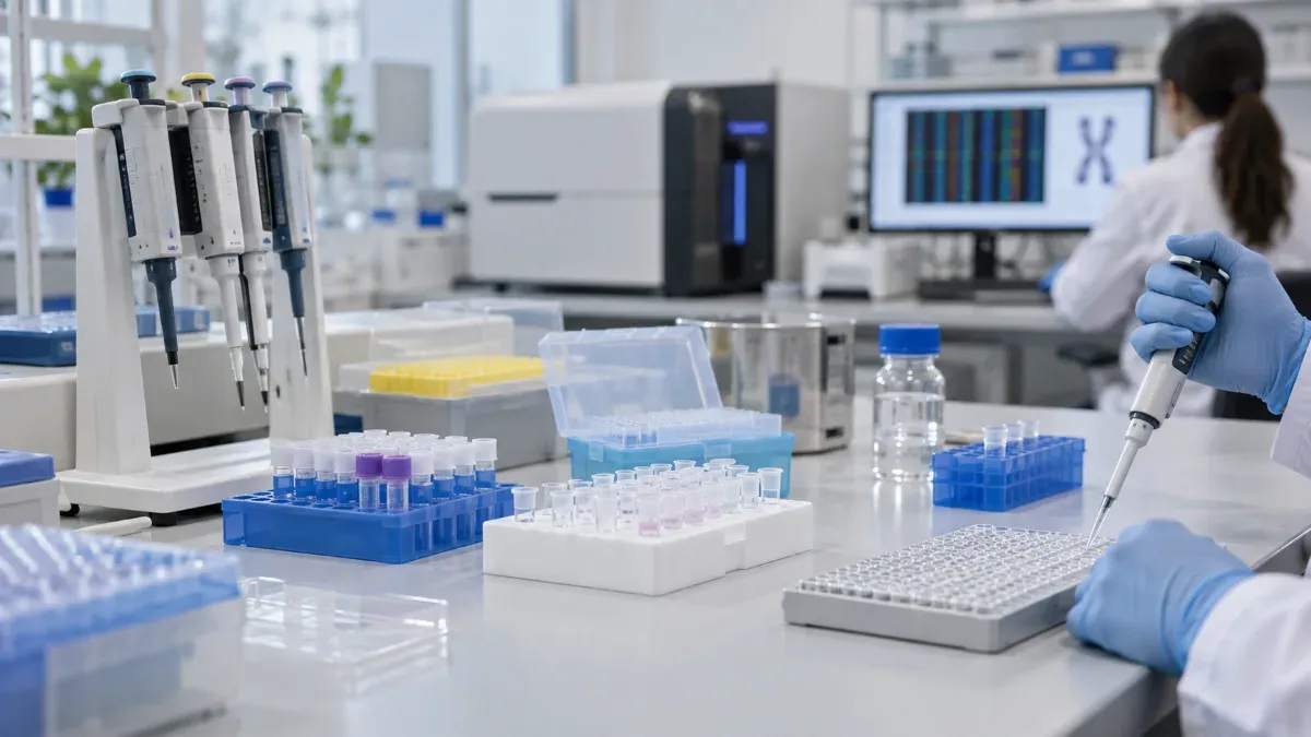 Genetik laboratuvarında numune tüpleri, pipetler ve dizileme hazırlığı yapılan temiz bir çalışma tezgahının geniş açıdan görünümü.