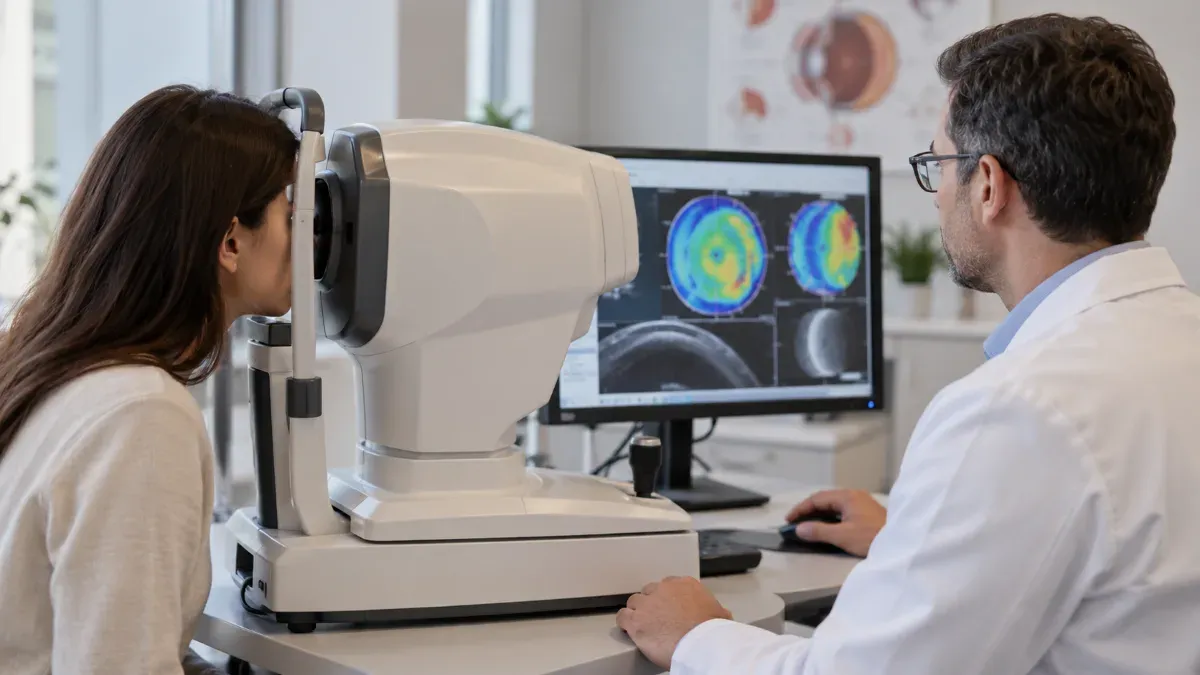 Göz hastalıkları kliniğinde kornea topografi cihazı önünde ölçüm yapılan hastanın ve cihaz ekranına bakan hekimin yandan görüldüğü sade klinik sahne