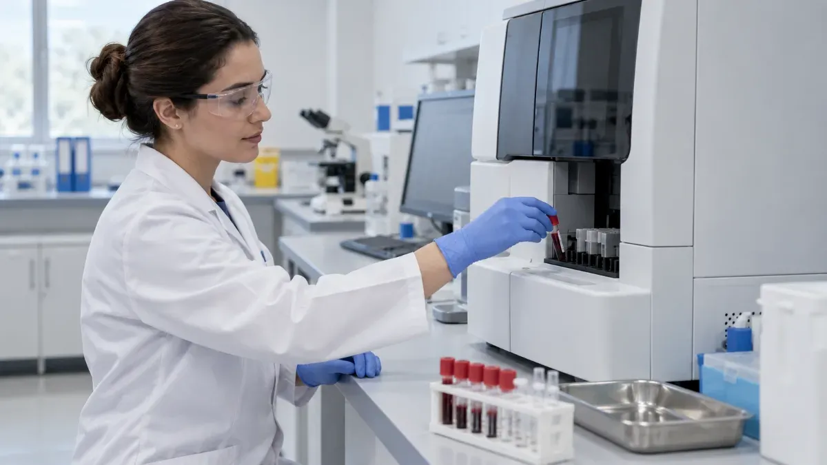 Modern bir laboratuvar ortamında kan örneğinin analiz cihazına yerleştirildiği ve sağlık çalışanının inceleme yaptığı gerçekçi sahne