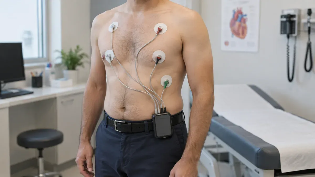 Göğüs bölgesine yapışkan elektrotlar yerleştirilmiş bir kişinin küçük Holter kayıt cihazını bel hizasında taşıdığı sade bir kardiyoloji uygulama odası