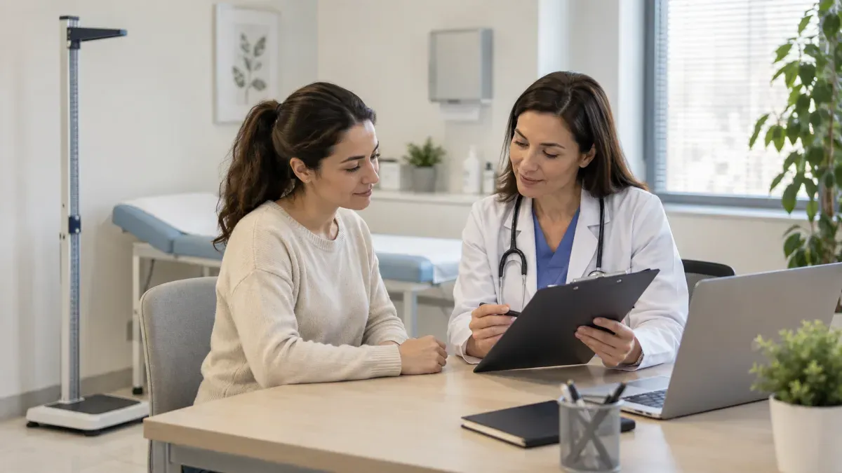 Sağlık uzmanının bir danışanla ölçüm sonuçlarını değerlendirdiği sade bir klinik ortamda boy ölçümü cihazı ve not alınan bir masa sahnesi