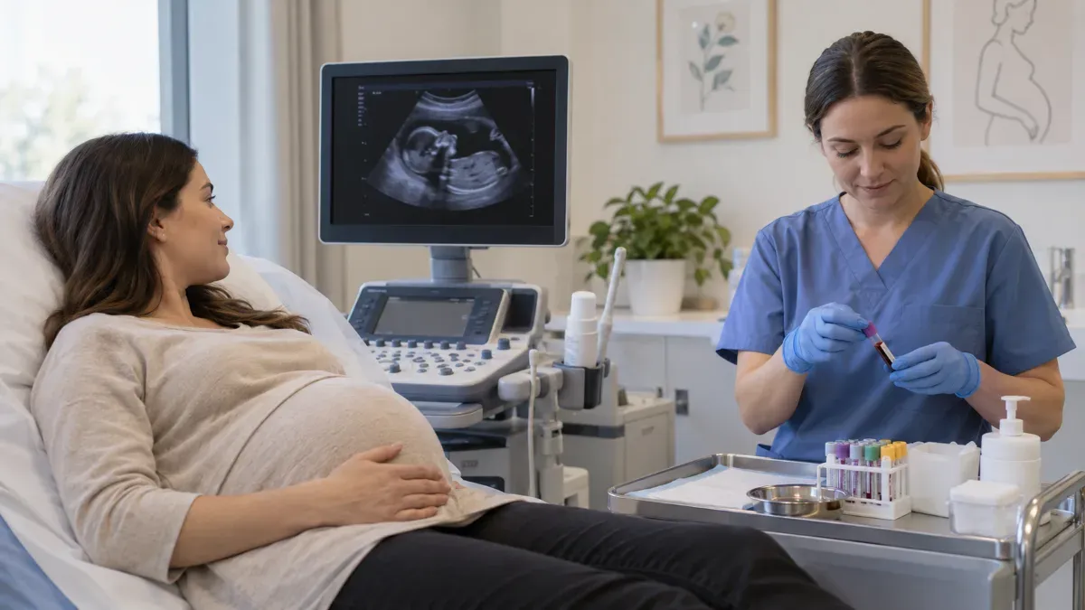 Kadın doğum kliniğinde ultrason ekranına bakan gebe hasta ile yanında kan örneği tüpü hazırlayan sağlık çalışanının sade ve gerçekçi klinik sahnesi