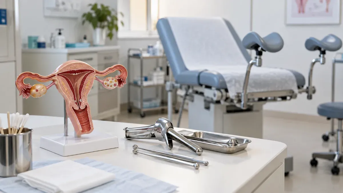 Kadın hastalıkları ve doğum polikliniğinde masa üzerinde kadın üreme sistemi anatomik modeli ile muayene araçlarının bulunduğu sade bir klinik ortam