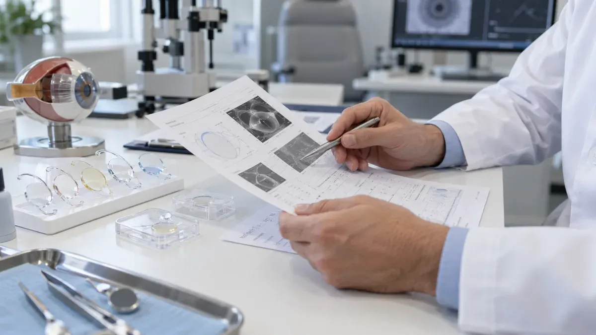 Göz kliniğinde muayene masası üzerinde biyometri çıktıları ile farklı göz içi mercek örneklerinin doktor tarafından incelendiği yakın plan sahne.