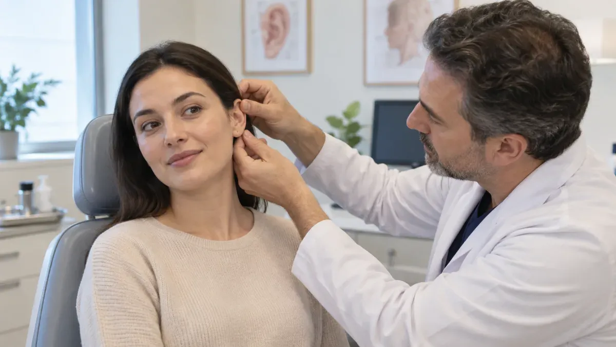 Aydınlık bir klinik ortamında cerrahın kulak yapısını değerlendirdiği ve hastanın görüşme sırasında doğal bir şekilde oturduğu bir sahne