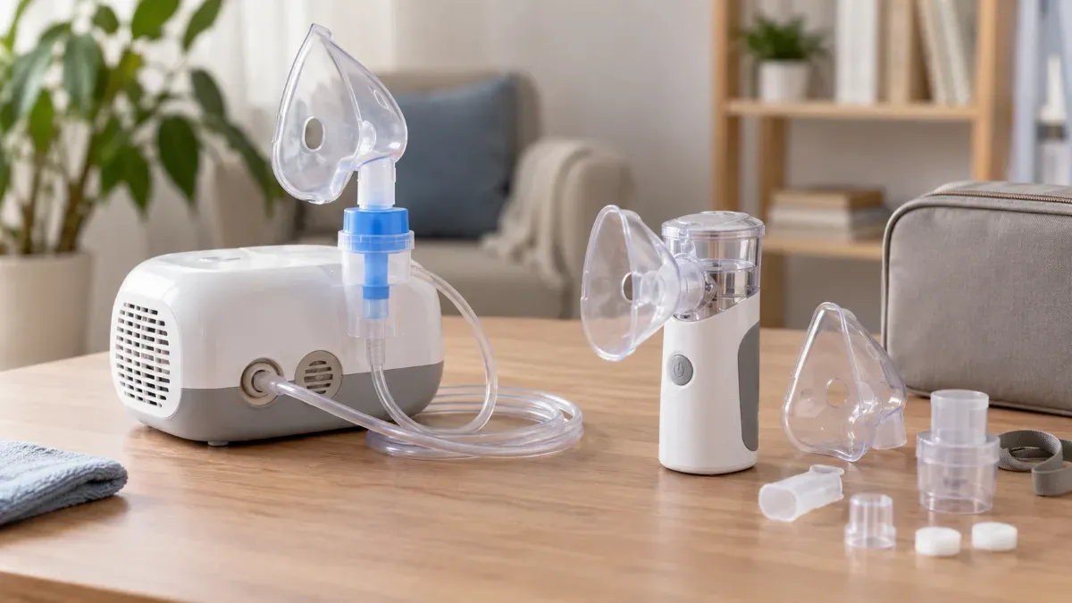 Bir masa üzerinde yan yana duran kompresörlü masa tipi nebulizatör ile elde taşınabilen kompakt mesh nebulizatör ve ayrı aksesuar parçaları