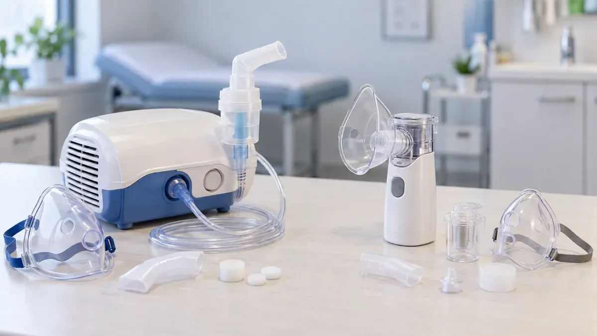 Masa üzerinde yan yana duran kompresörlü jet nebulizatör ile kompakt mesh nebulizatörün ağızlık maske ve ilaç haznesi parçalarıyla sade bir klinik ortamda gösterildiği yakın plan sahne