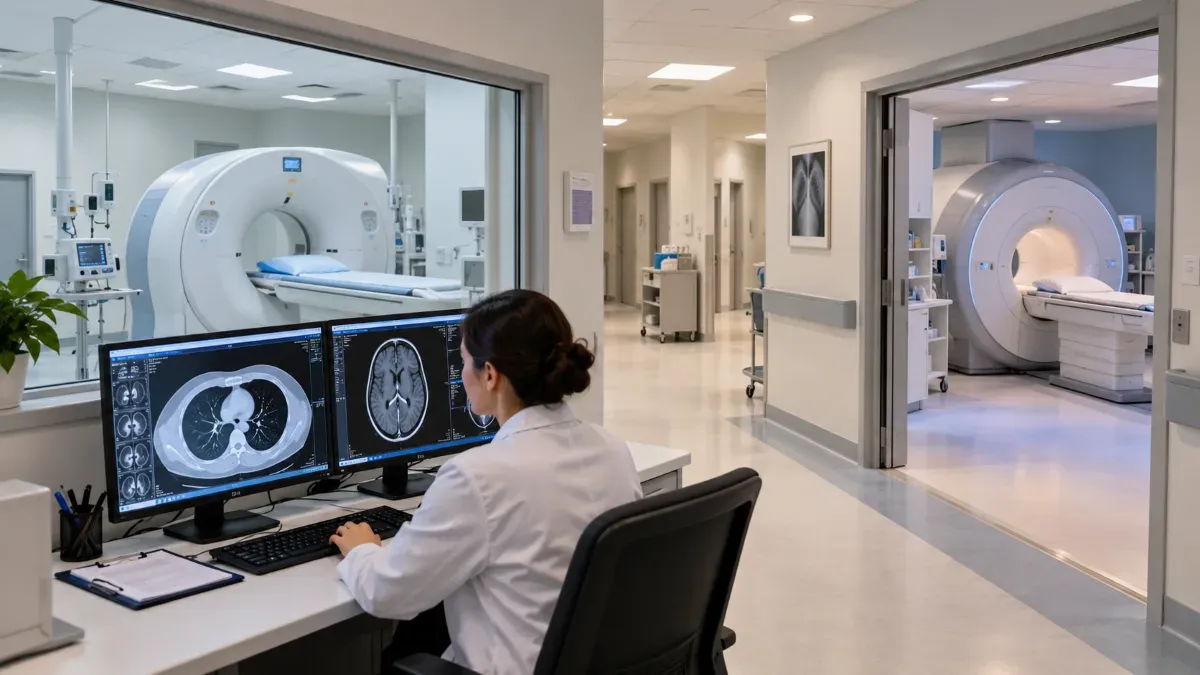Hastane radyoloji bölümünde bilgisayarlı tomografi ve manyetik rezonans cihazlarının bulunduğu koridor ile görüntüleri monitörde inceleyen bir radyoloji uzmanının yer aldığı geniş açılı sade bir sahne