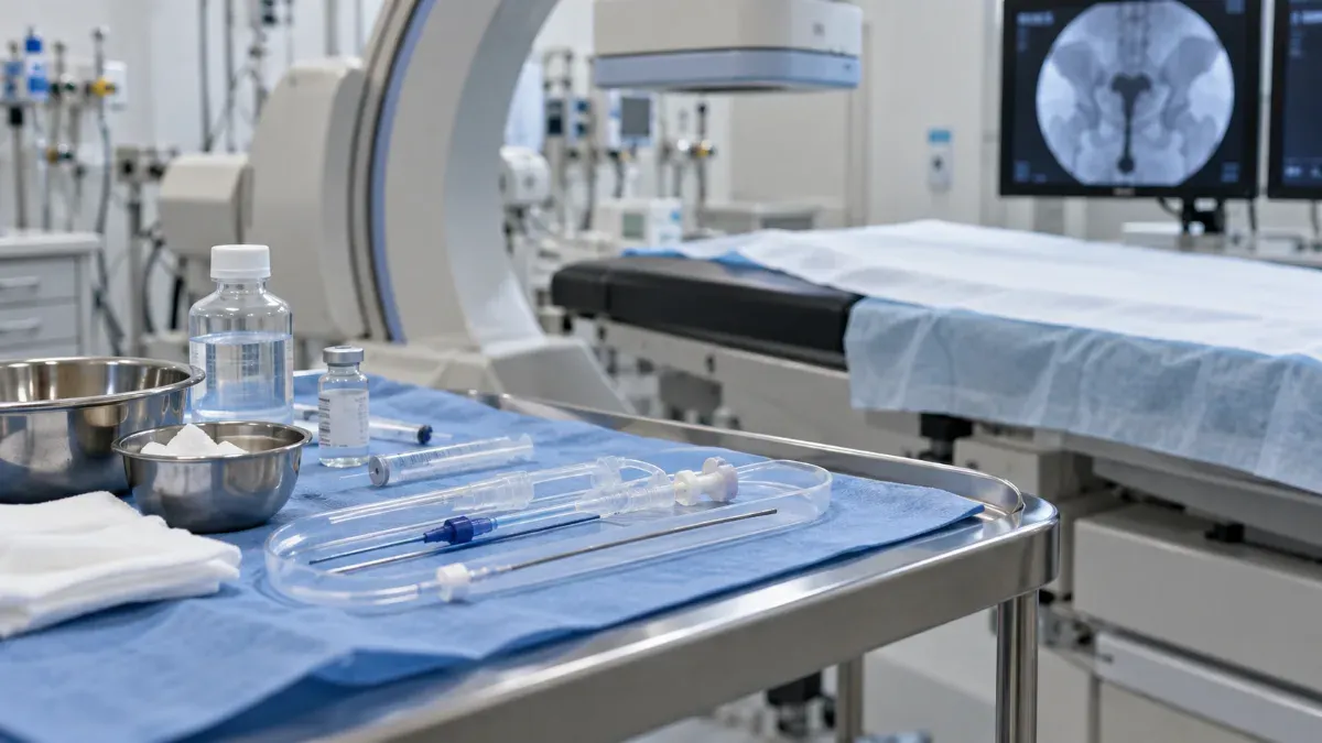 Radyoloji odasında floroskopi masası yanında hazırlanmış steril kateter seti ve kontrast uygulamasına uygun sade klinik ekipmanların yakın plan görünümü