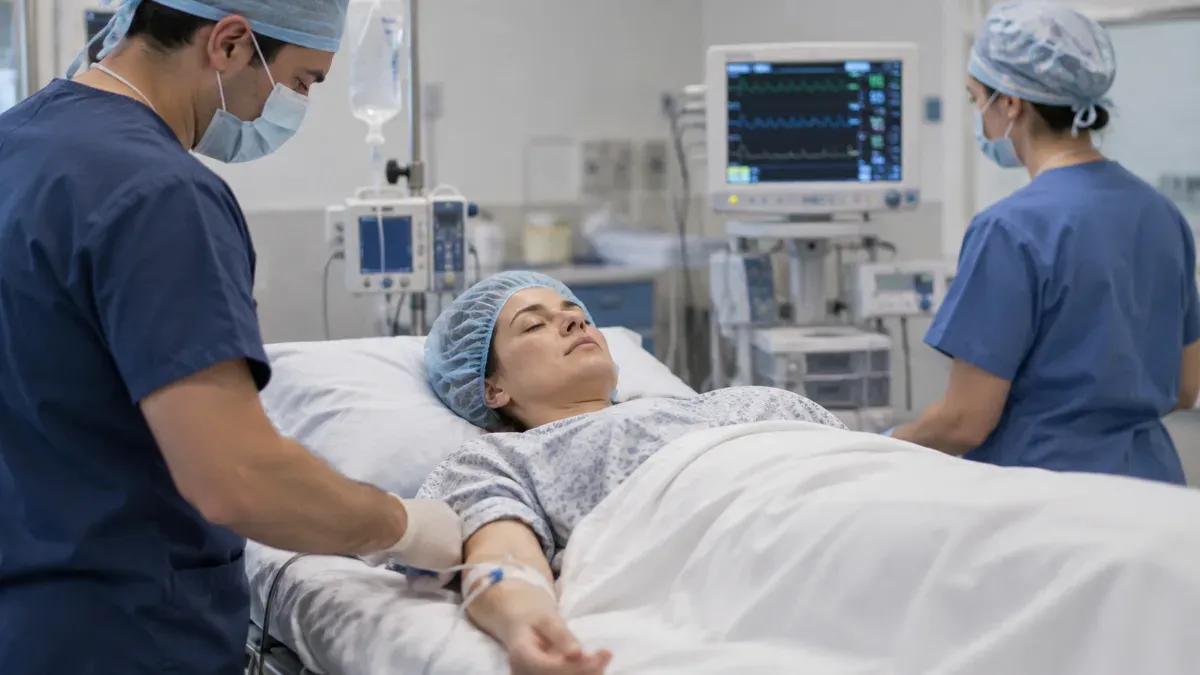 Sedasyon altında bir hastanın yatakta damar yolu takılı halde izlendiği ve yanında monitör ile sağlık ekibinin bulunduğu sade bir klinik sahne
