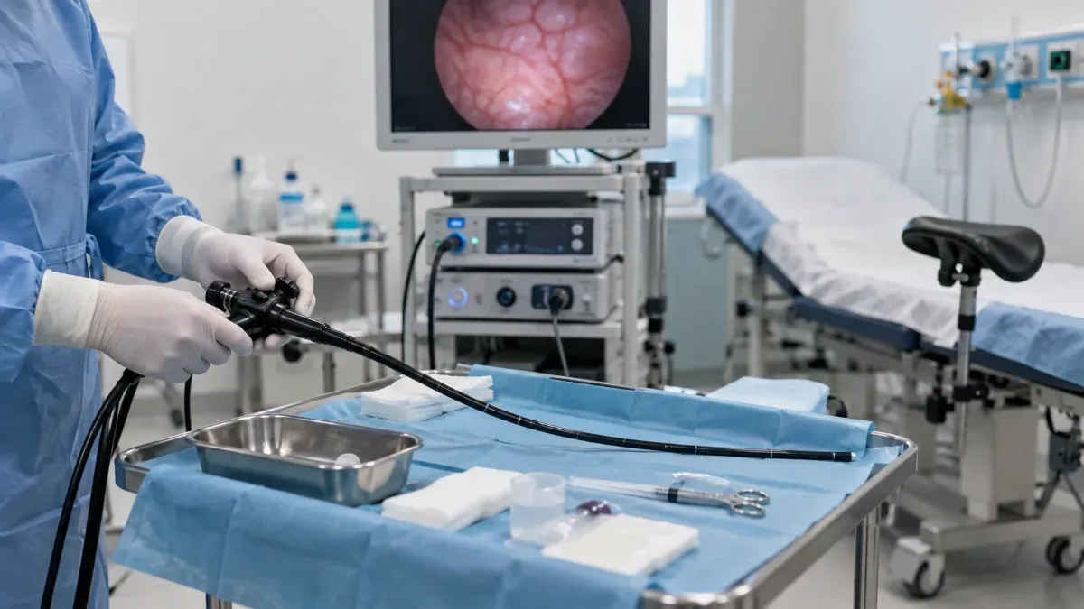 Üroloji işlem odasında monitöre bağlı ince bir sistoskopun steril tepsi üzerinde hazırlandığı ve muayene masasının arka planda görüldüğü gerçekçi klinik sahne.