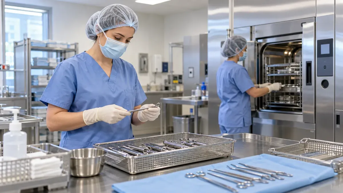 Modern bir sağlık kuruluşunda sterilizasyon cihazlarının bulunduğu temiz bir işlem alanında koruyucu ekipman kullanan sağlık çalışanlarının tıbbi araçları hazırladığı sahne