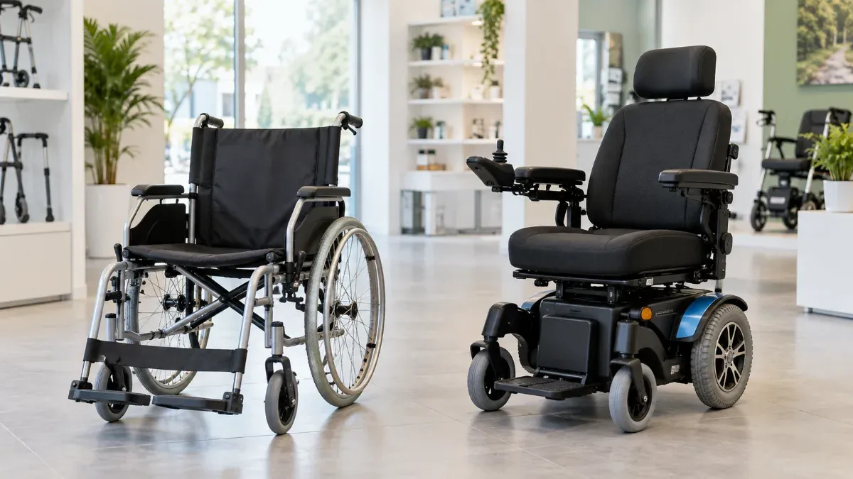 Aydınlık bir medikal ürün showroomunda yan yana duran katlanabilir manuel sandalye ile joystick kontrollü akülü tekerlekli sandalyenin doğal perspektiften görüldüğü sahne