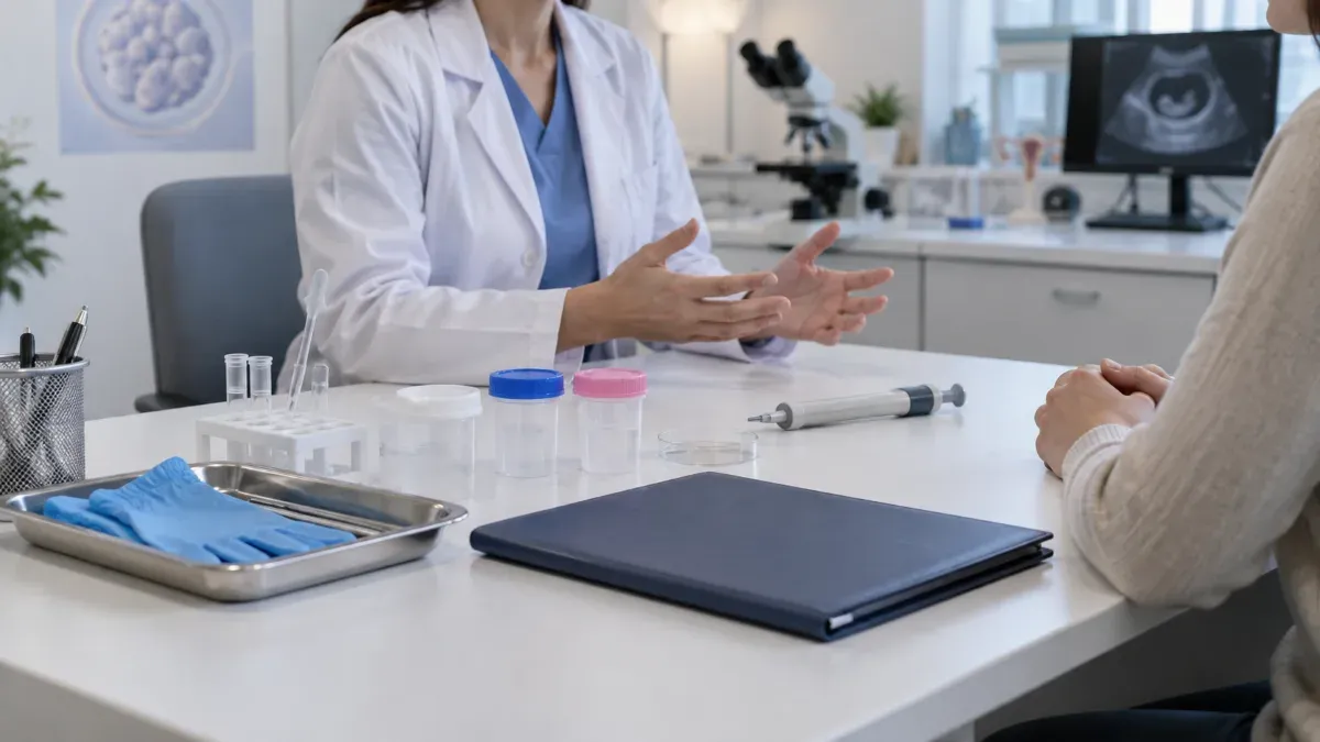 Tüp bebek merkezinde görüşme masası üzerinde etiketsiz tıbbi malzemeler, kapalı hasta dosyası ve sade laboratuvar ekipmanları bulunan yakın plan klinik sahne