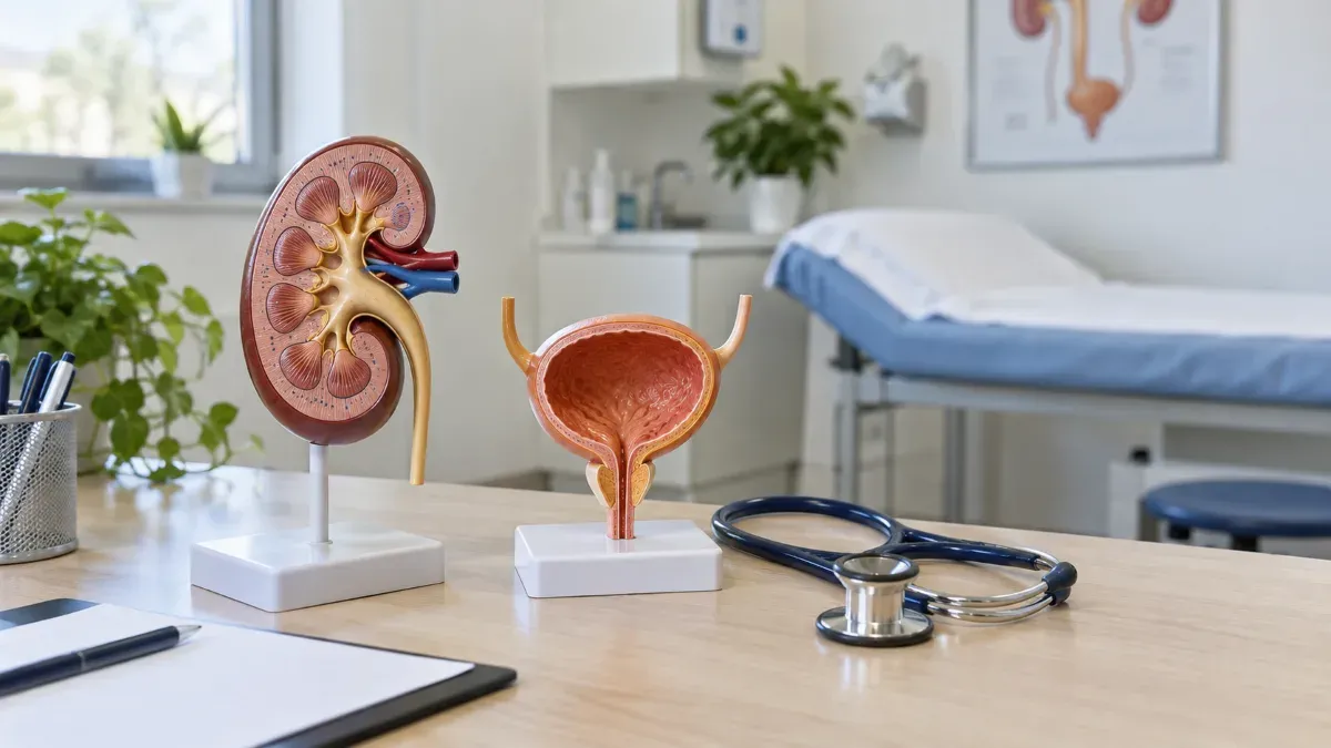 Üroloji polikliniğinde masa üzerinde böbrek ve mesane anatomik modeli ile stetoskopun yer aldığı sade bir muayene odası sahnesi