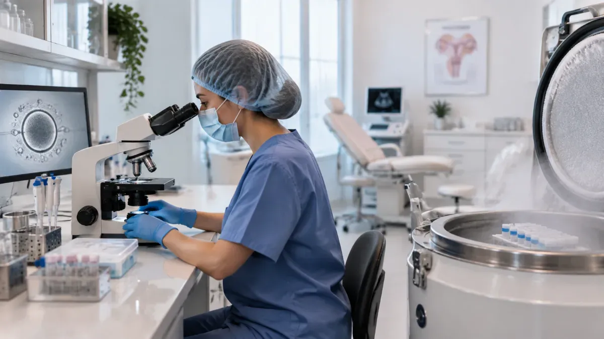 Modern bir kadın sağlığı kliniğinde laboratuvar ortamı, mikroskop ve numune saklama ekipmanlarının bulunduğu sade bir sahne